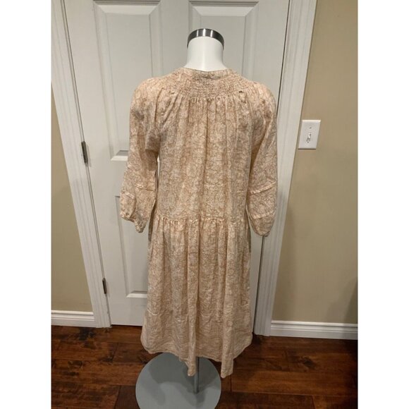 Magaschoni Tan & White Floral V-Neck Linen Midi Shift Dress, Size M - Picture 5 of 6